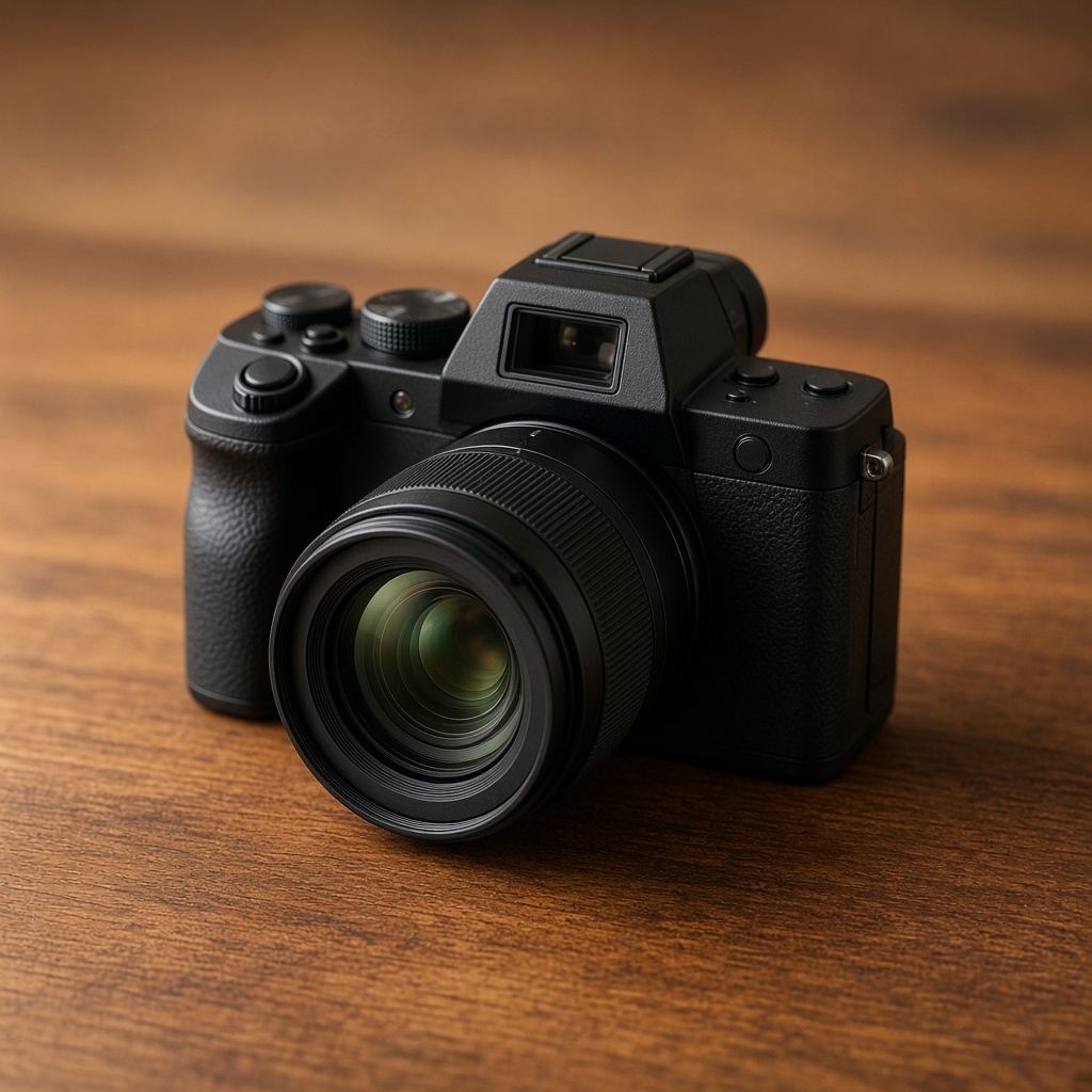 Aurora mirrorless camera on a warm wooden surface